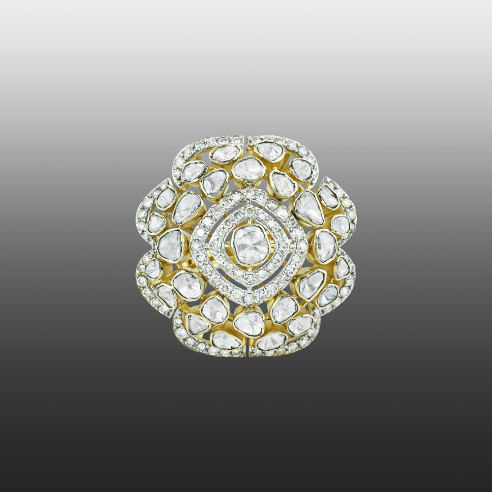 Floral Polki Ring with Radiant Diamond Cluster and Petal Detailing